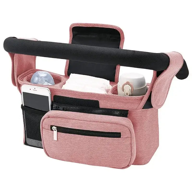 rosa meliertes Stoff-Babywagen-Organizer-Tasche, hohe Kapazität, mit schwarzen Akzenten und mehreren Fächern zur praktischen Aufbewahrung