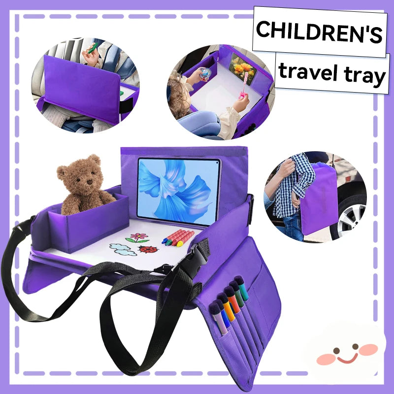 Kids Travel Seat Tray for Car Children's Toy Storage Table Drawing Board Safety Tray Dining Beverage Rack Road Trip Activities