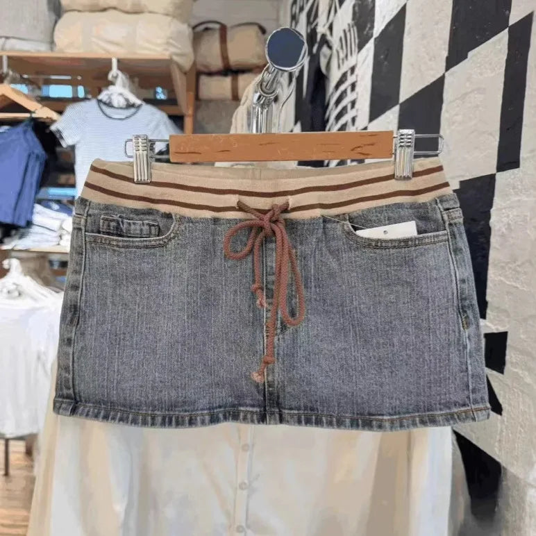 Casual Women Blue Denim Mini Skirts Summer Vintage High Waist Pockets A-line Skirts Female Y2k Streetwear Slim Bottoms 2024