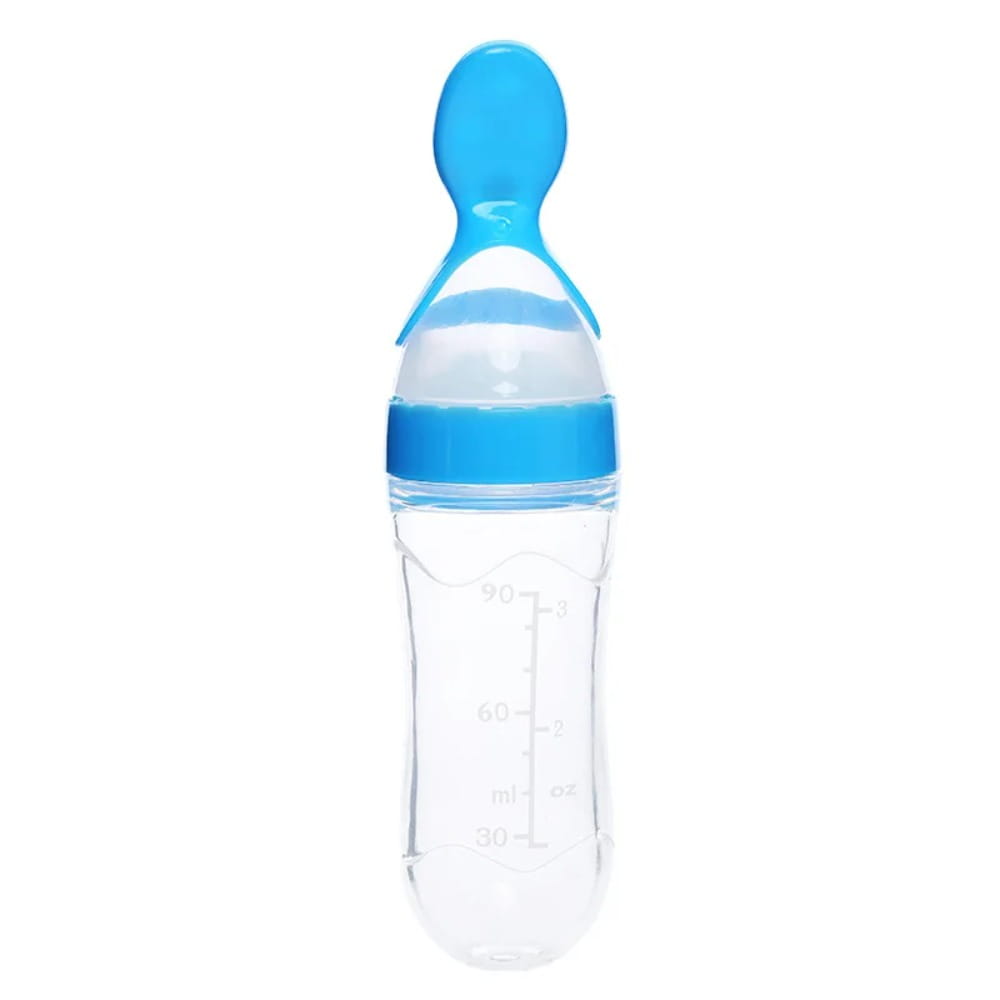 Klares Kunststoff-Baby-Fütterlöffel-Fläschchen mit blauem Silikon-Sauger und Verschluss mit Maßangaben in Millilitern, BPA-freies Silikon, 90 ml.