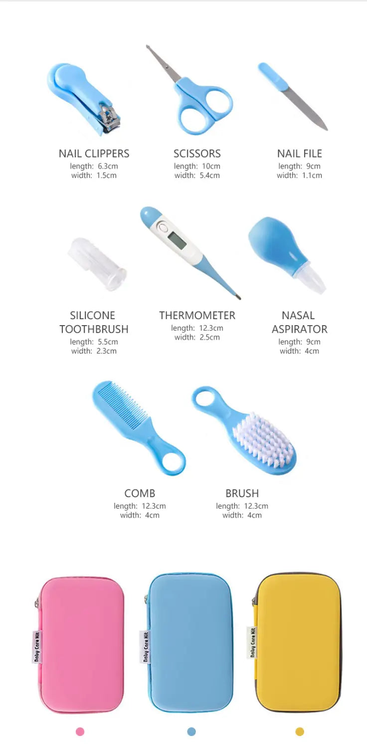 Blaues Pflege- und Grooming-Set für Babys aus Kunststoff, 8-teilig, einschließlich Nagelknipser, Schere, Feile, Thermometer, Nasensauger, Zahnbürste, Kamm und Bürste in einer passenden Hülle für die Säuglingspflege.