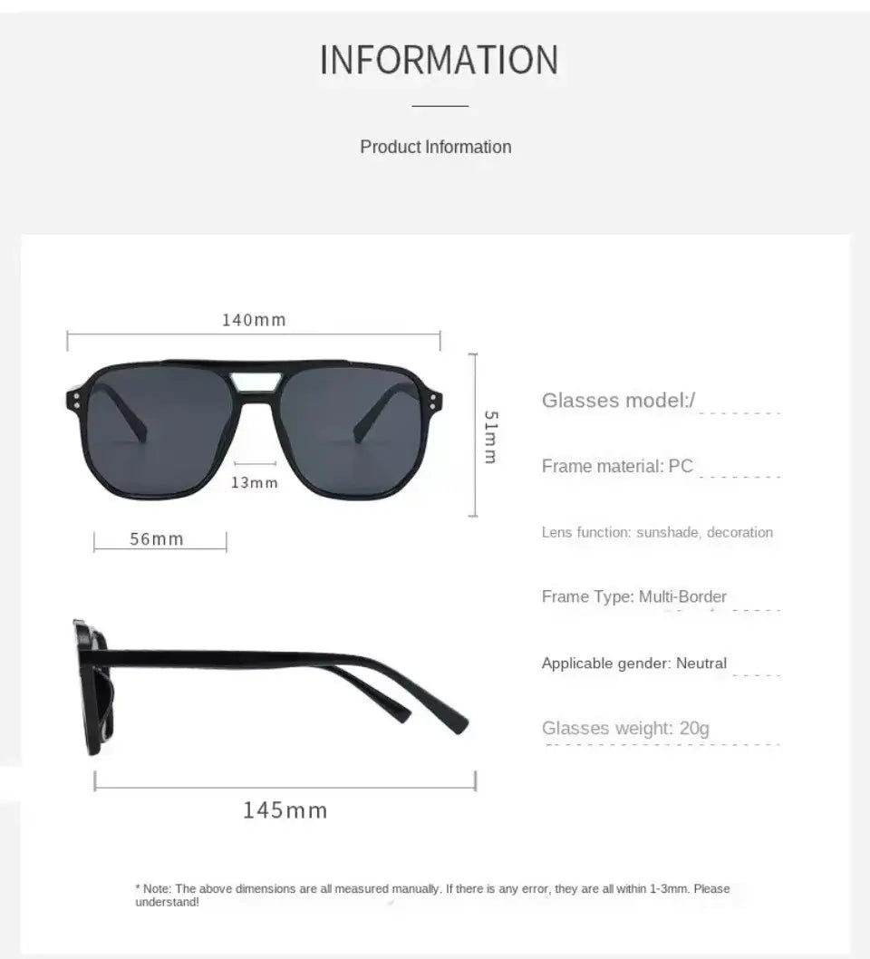 Black pc-framed aviator vintage square sunglasses with dark gray uv400 lenses and a multi-border design for unisex use.