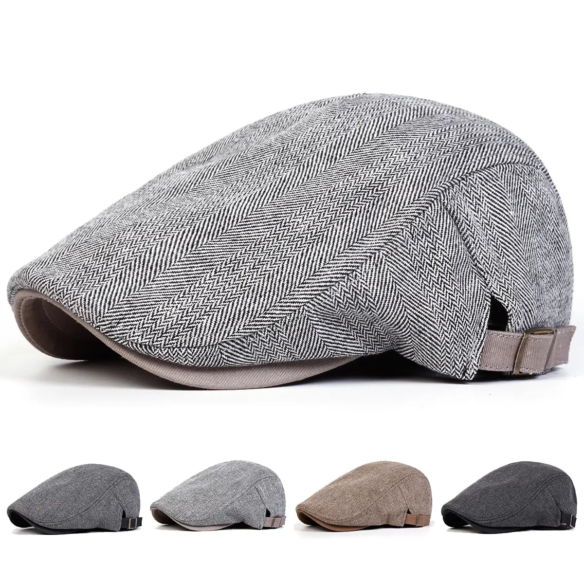 Herren graue Herringbone-Flat-Cap mit verstellbarem Riemen und braunem Innenfutter, von der Rückseite gezeigt.