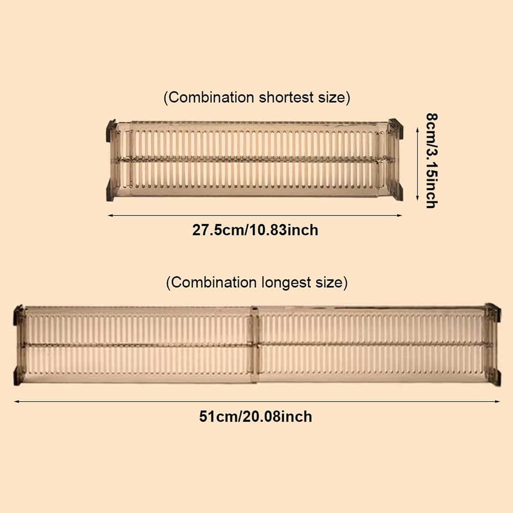 expandable clear plastic drawer dividers feature transparent acrylic folding shelves with two horizontal slatted levels and black end caps available in shortest 27.5cm or longest 51cm configurations.