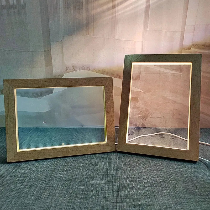 Wood Picture Frame Brightness Lamp Decor Creative DIY Wooden Photo Frame with LED Night Light Family Lover Gift