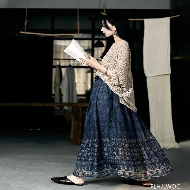 Bohemian Ethnic Style Lined Soft Linen Skirts Retro Vintage Cute Sweet Girls Blue Classic Thai Style Long Maxi Skirt