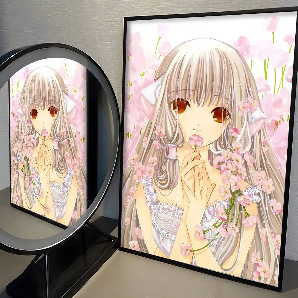 a framed kawaii girl cute anime wall art print poster featuring a girl with long silver hair and amber eyes surrounded by pink cherry blossoms in soft pastel tones with a modern graphic style
