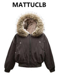 Winter Women's Lambs Wool Hoodie Jacket American Retro Faux Fur Outwear Coat Y2k Korean Fashion 2000s High Street Thick Warm