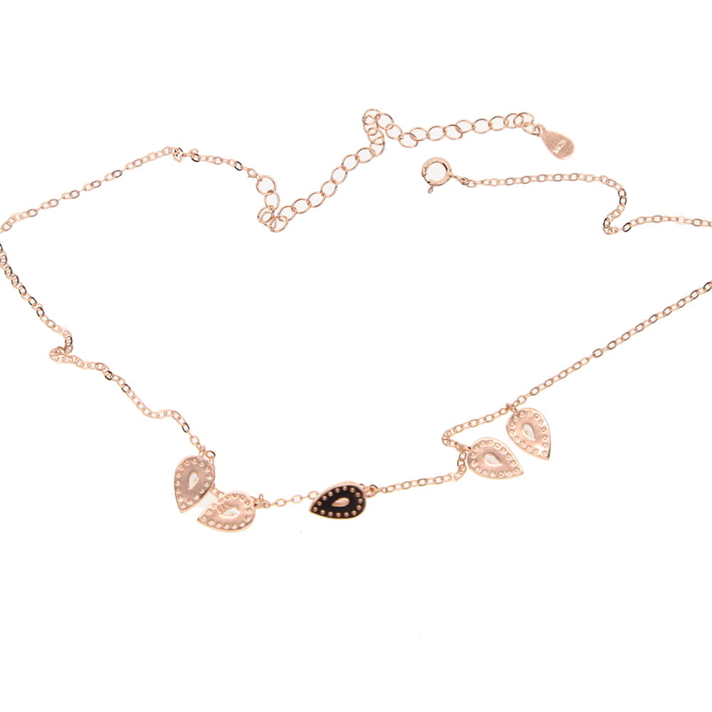 Collar tipo gargantilla delicado en circonita cz de color dorado rosa con forma de gota de lágrima, con cinco colgantes con forma de gota, con piedras centrales y engarzados con diminutos cristales a lo largo de los bordes.