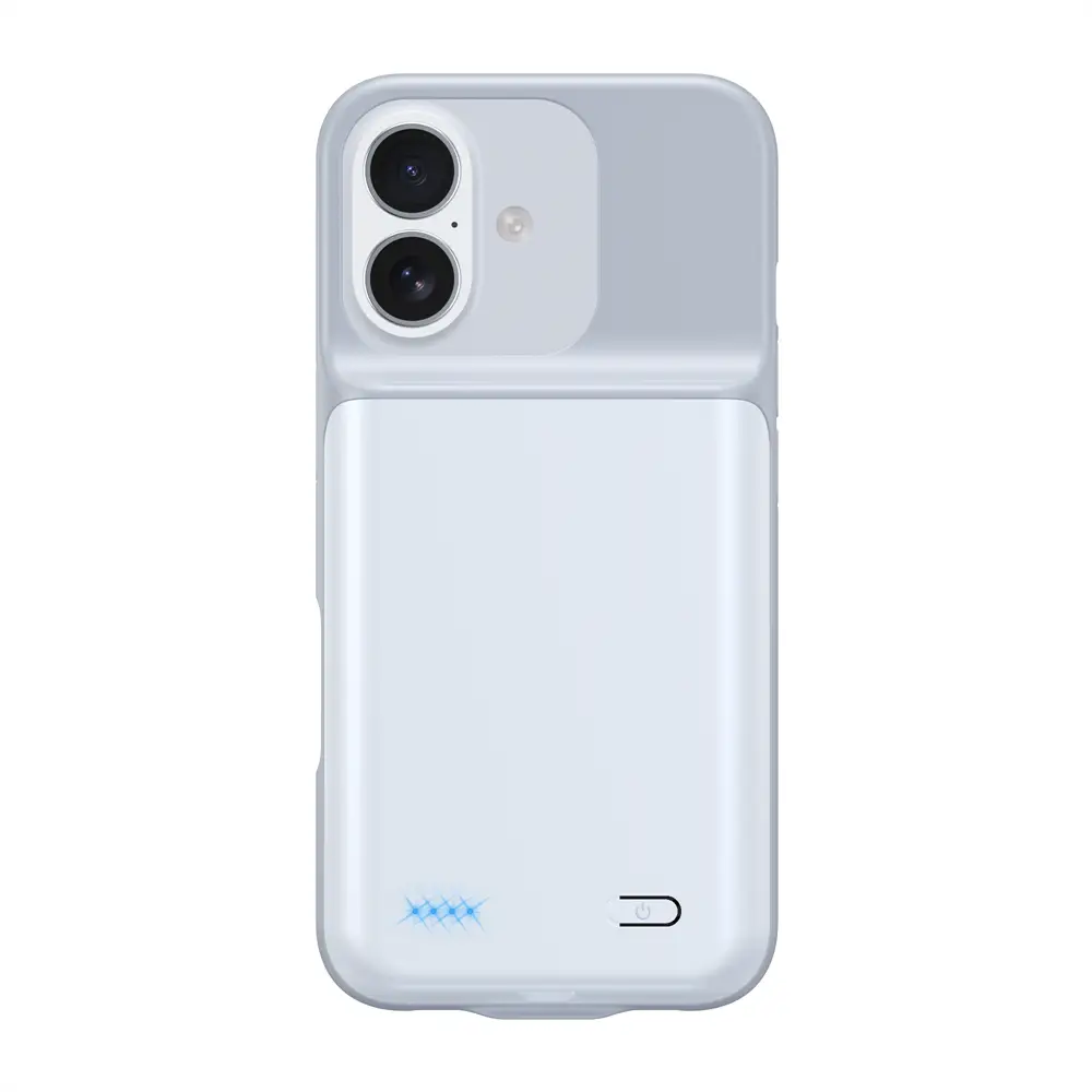 Weiße Pro-Max-Akku-Ladehülle mit integriertem Akkupack und dezenten blauen LED-Anzeigenleuchten für iPhone 16- und 17-Serien mit elegantem, minimalistischem Design