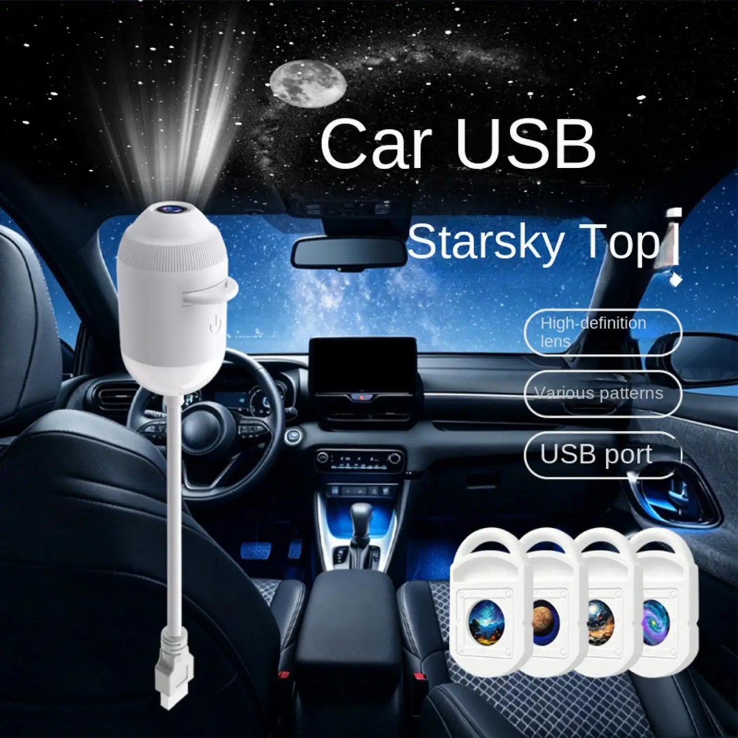 Weiße, per USB betriebene Galaxy-Projektor-Nachtlampe, ausgelegt zur Darstellung von Sternenhimmel-Mustern mit 24 Folien zur Nutzung an der Decke.