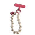 Beaded phone wrist strap in pink pearl with matching t-shaped clip and heart charm shown from front angle