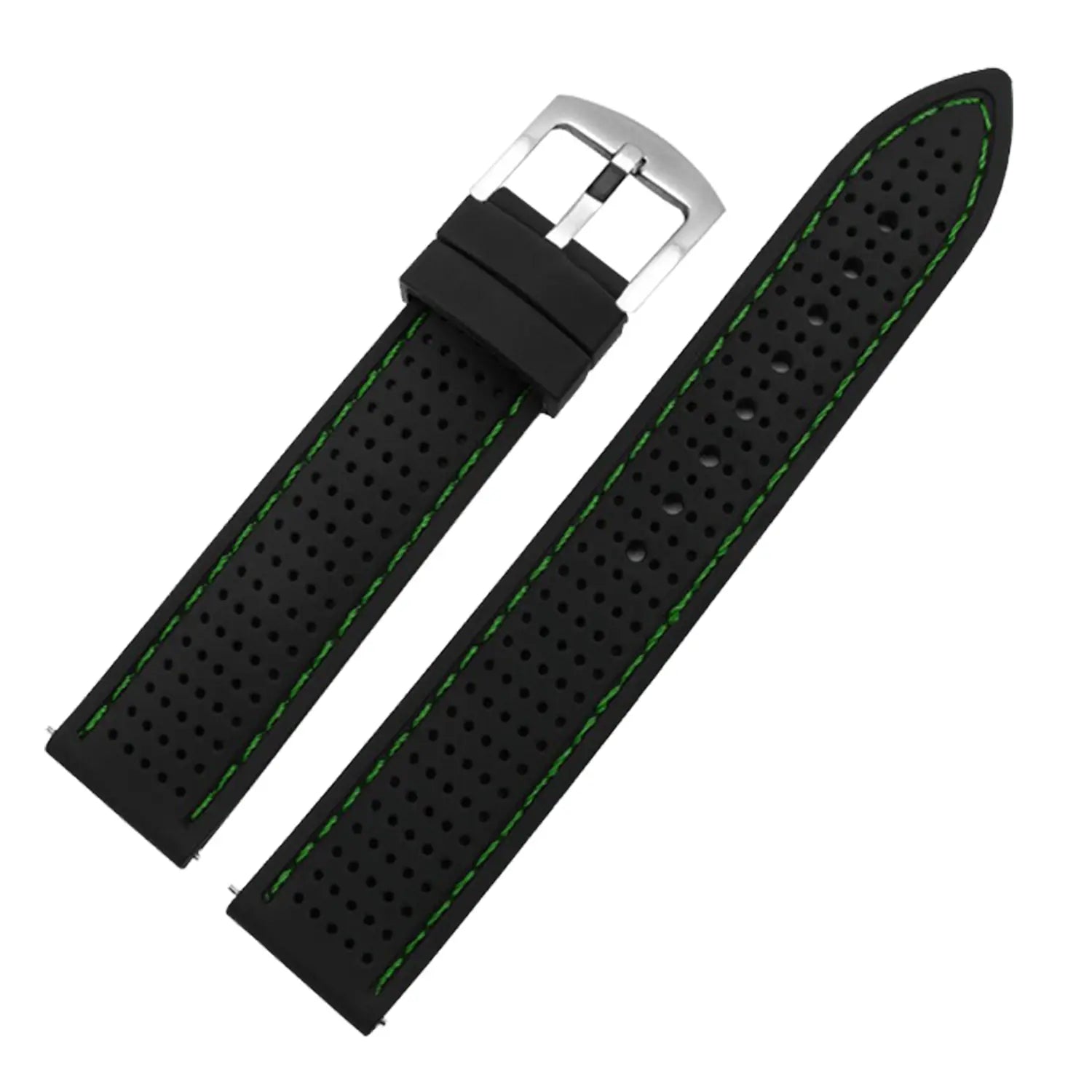 Schwarzes perforiertes Gummi-Silikon-Uhrenarmband mit grüner Steppnaht und schnallenartigem Verschluss in Silberton, erhältlich in 20 mm, 22 mm und 24 mm Schnellverschluss-Größen