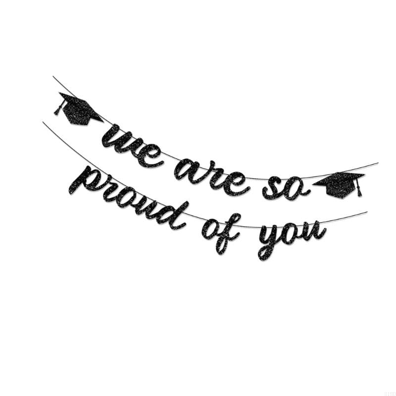 Black glittery graduation cap banner with cursive lettering we are so proud of you from the pink glitter graduation proud of you banner collection.