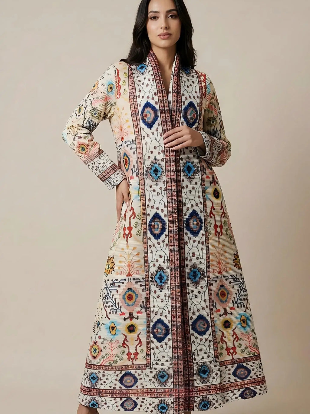 Middle Eastern Abaya robe geometric print dress, foreign trade cross-border retro striped bohemian pleated cardigan long skirt