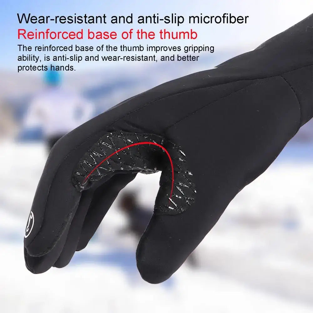 Gant d’hiver chauffant USB en microfibre résistant à l’usure noir pour femmes, avec fonctionnalité d’écran tactile étanche, base du pouce texturée renforcée et surpiqûres rouges, présentés de l’arrière