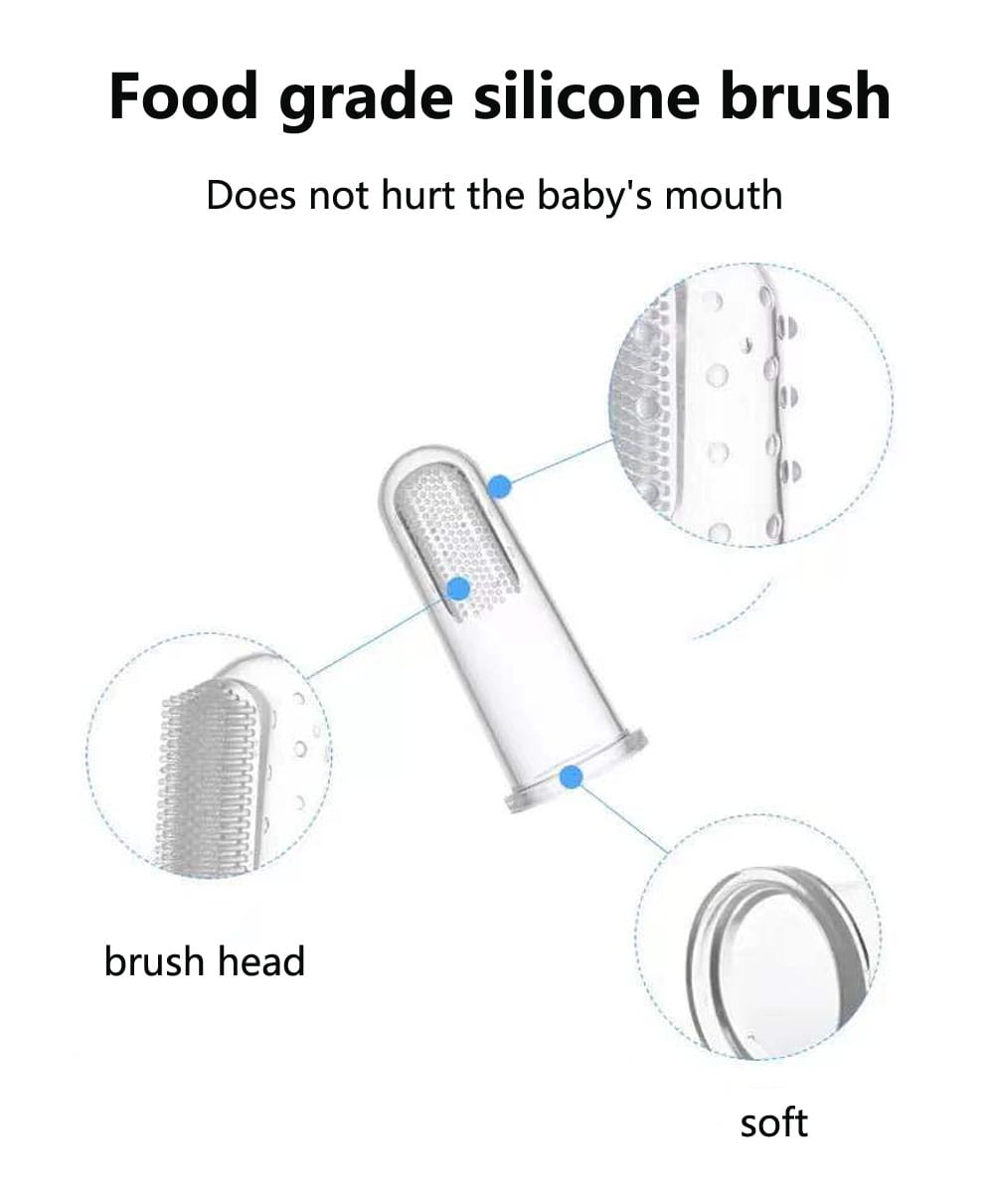 Transparente Fingerbürste aus lebensmittelechtem Silikon mit weichen Borsten und abgerundeten Kanten, enthalten in einem Baby-Gesundheits- und Pflege-Set.