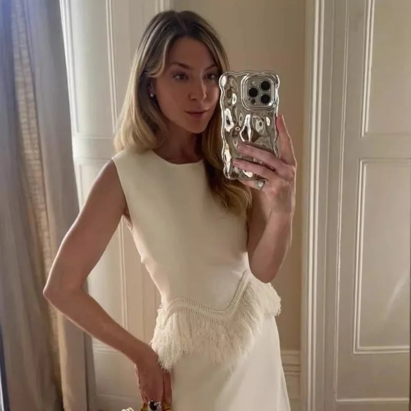 Autumn Winter Women Party Two Piece Set Elegant INS Tassel Shirt Top + Maxi Skirt Suit 2026 Celebrity Guest Evening Outfits