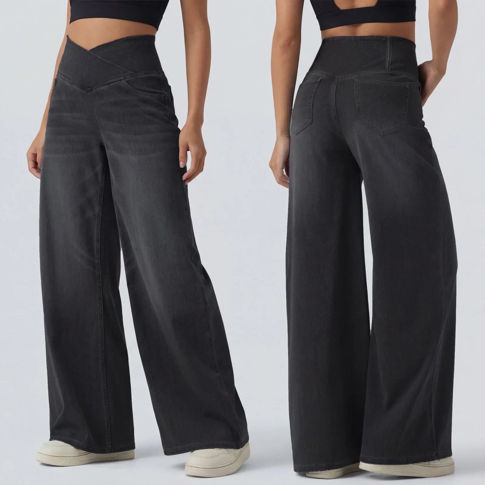 Jeans mit Kreuzbund und weitem Bein in Schwarz mit hoher Taille, weitem Bein-Design, entspannter, fließender Silhouette und dezentem Verblassen für einen modernen, lässigen Look.