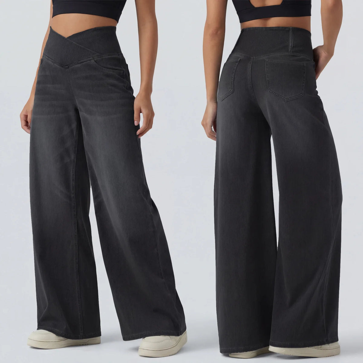 Fashion Women Cross V High Waist Washed Denim Wide Leg Pants Elastic Soft Jeans Casual Daily Loose Full Length Stretch Trousers