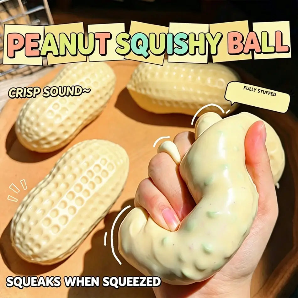 a beige peanut squishy filled stress toy with a textured surface and subtle green speckles designed for stress relief and hand exercise