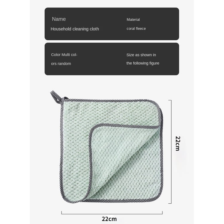 Un essuie-tout de cuisine en microfibre vert clair, doux, fabriqué en molleton de corail, avec une bordure à carreaux noir et blanc, pour le nettoyage domestique, dans un lot de 10.