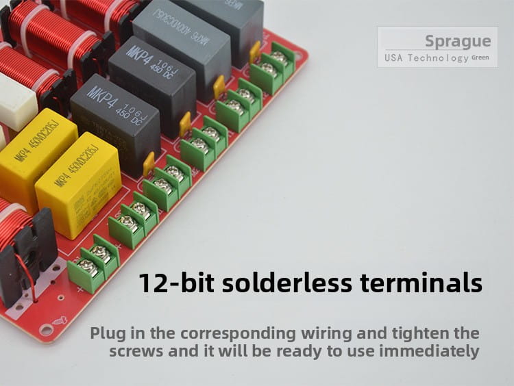red circuit board with black and yellow capacitors green solderless terminals and red wire coils of a 5-way speaker crossover for high power ktv stage audio use