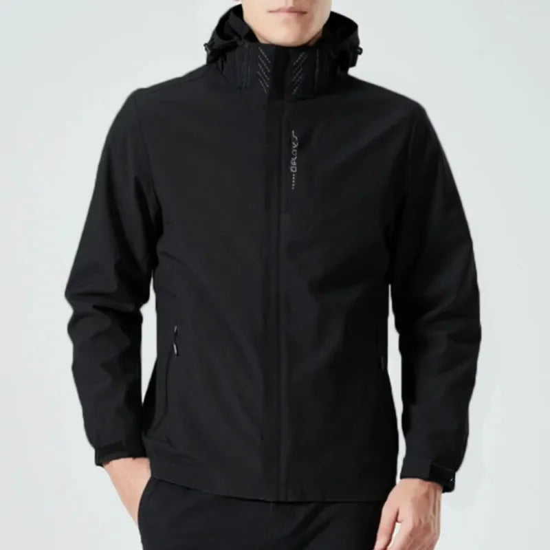 Men waterproof hiking jacket hooded windbreaker in black with subtle gray stitching details and a sleek modern design.