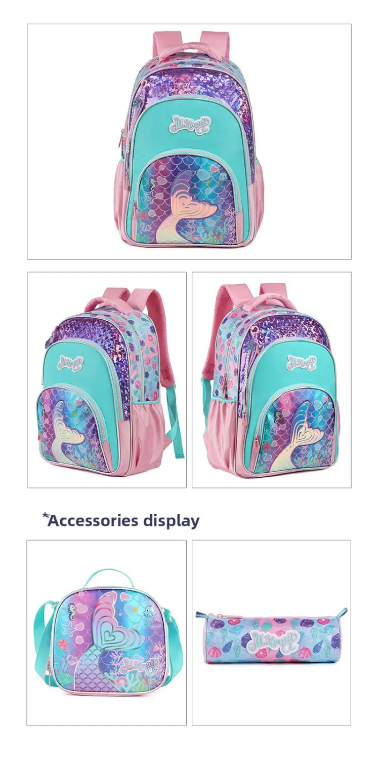 Ein lebhaftes rosa und türkisfarbenes Mädchen-Schmetterlings-Schulrucksack-Set mit einem Meerjungfrauen-Design, verziert mit schimmernden Pailletten.