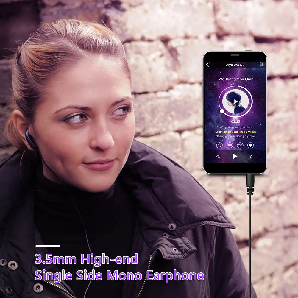 Black walkie talkie single sided mono earphone with a 3.5mm connector featuring a sleek minimalist design and soft-touch finish.