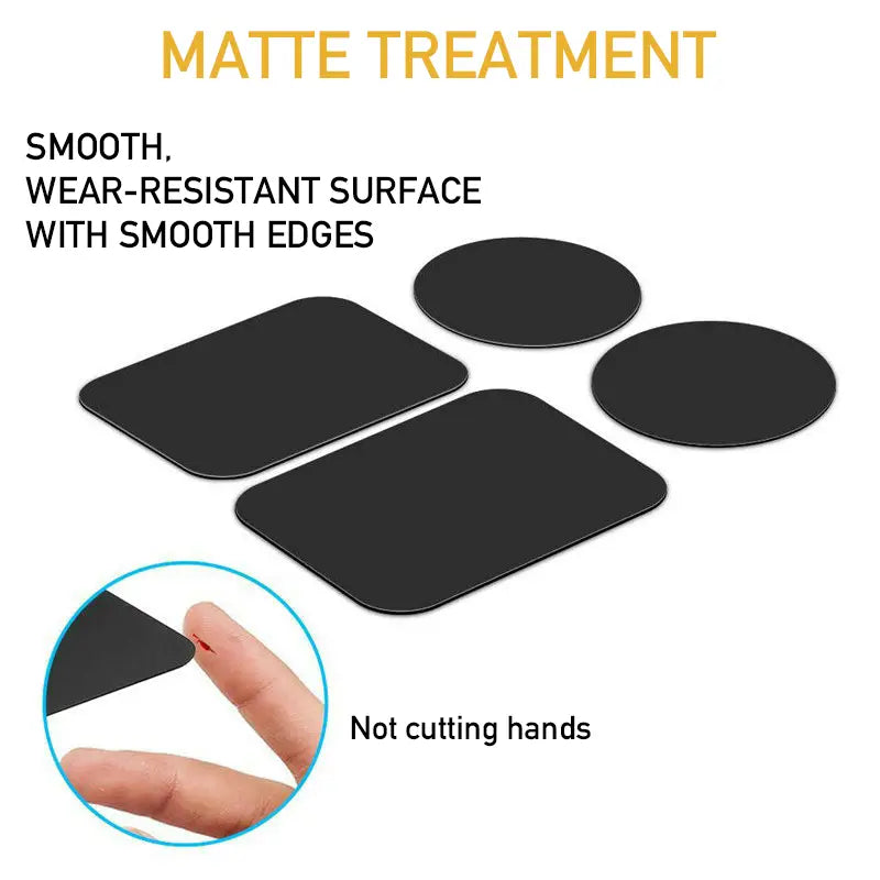 Plaque métallique noire à finition mate, avec surface lisse résistante à l’usure et bords arrondis, pour disque magnétique universel de support de téléphone de voiture.