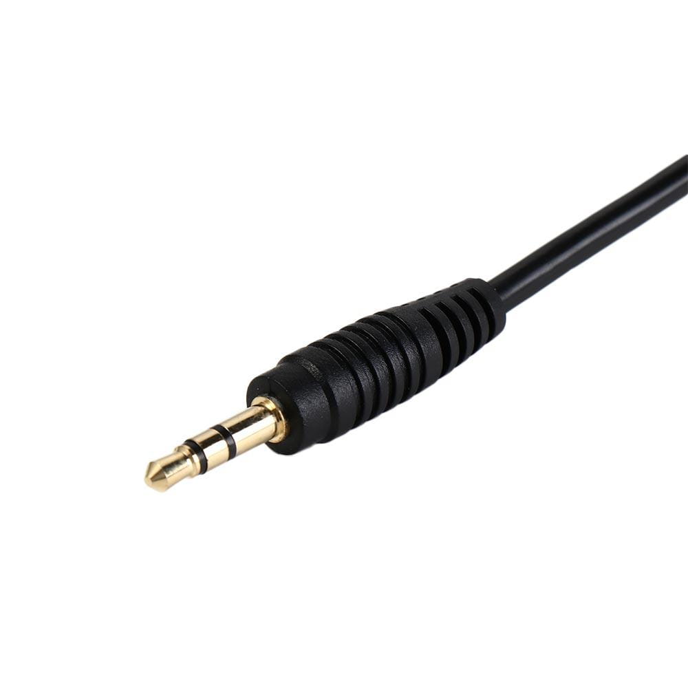 Schwarzes Erdschleifen-Störunterdrücker-3,5-mm-Audiofilterkabel mit vergoldeter Spitze und strukturiertem schwarzem Kunststoffgehäuse.