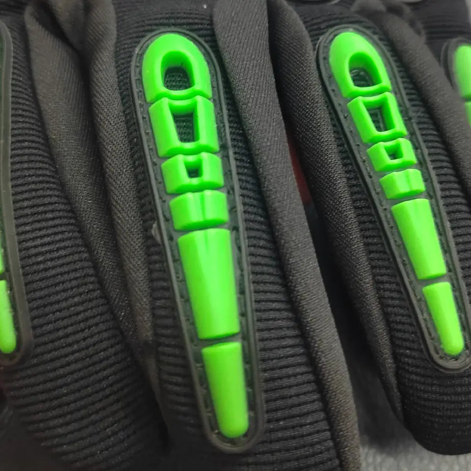 Black motorcycle racing gloves featuring breathable material and bright green reinforced palm padding for protective gear use.