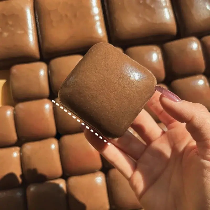 a glossy, square-shaped chocolate candy slow rising squishy mini toast with a smooth, rich brown surface designed as a stress relief fidget toy
