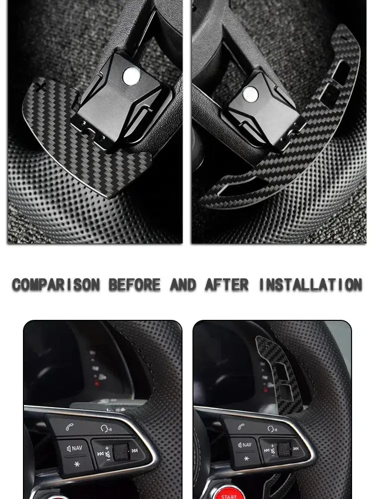 Cubierta de control para el volante de fibra de carbono negra con textura, con un diseño angular elegante y un botón circular central para las paletas de cambio magnéticas del Audi R8