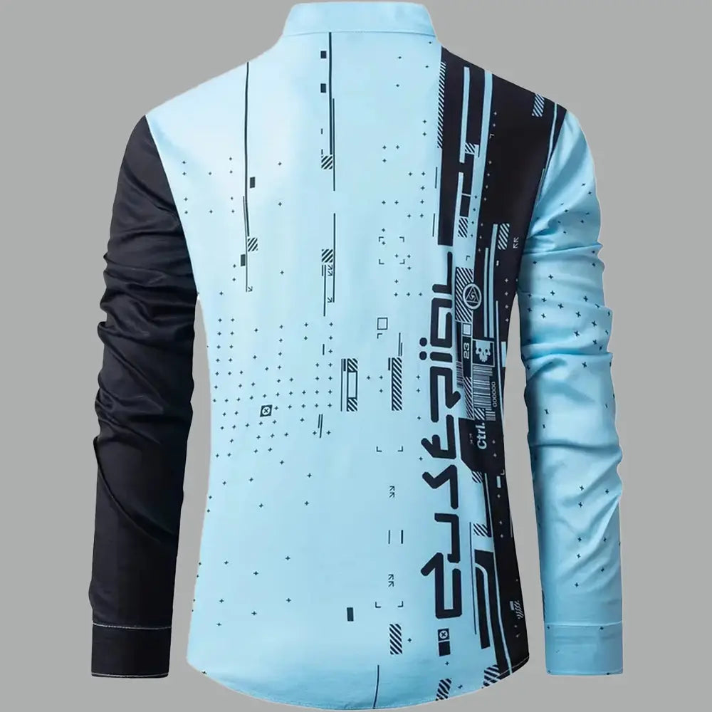 Light blue and black graphic button up long sleeve shirt men featuring a futuristic digital print design on a comfortable fabric.
