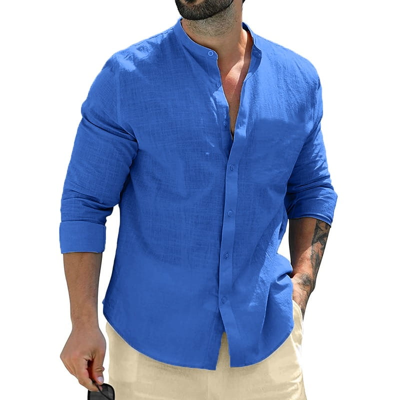 Chemise décontractée en lin pour homme à col mandarin bleu royal, d’un ton éclatant, avec manches longues, fermeture boutonnée sur le devant et poignets retroussés.