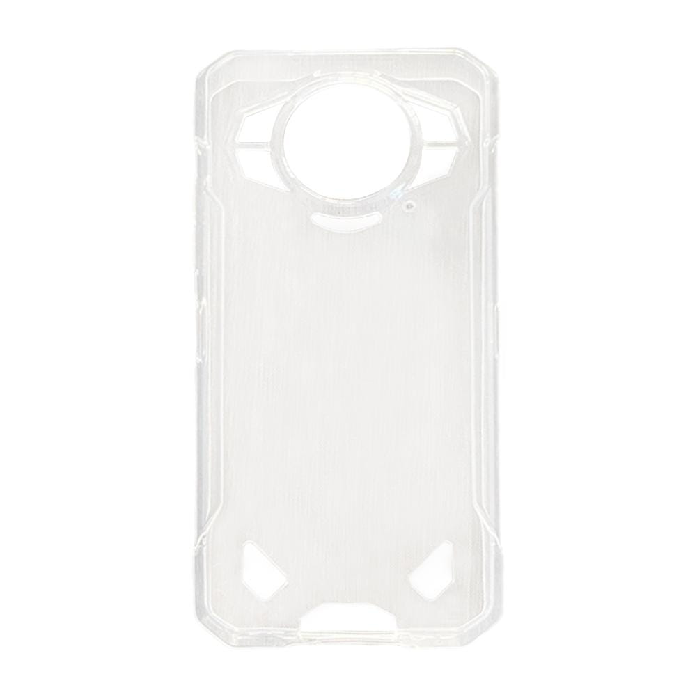Vista posterior de una funda para teléfono Doogee S200 5G negra transparente y resistente, clara, con diseño angular y recortes precisos para la lente de la cámara.