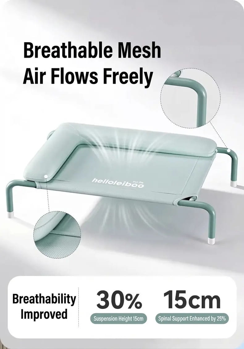 Light green breathable mesh elevated dog bed with a white supportive frame and cushioned surface for raised pet comfort.