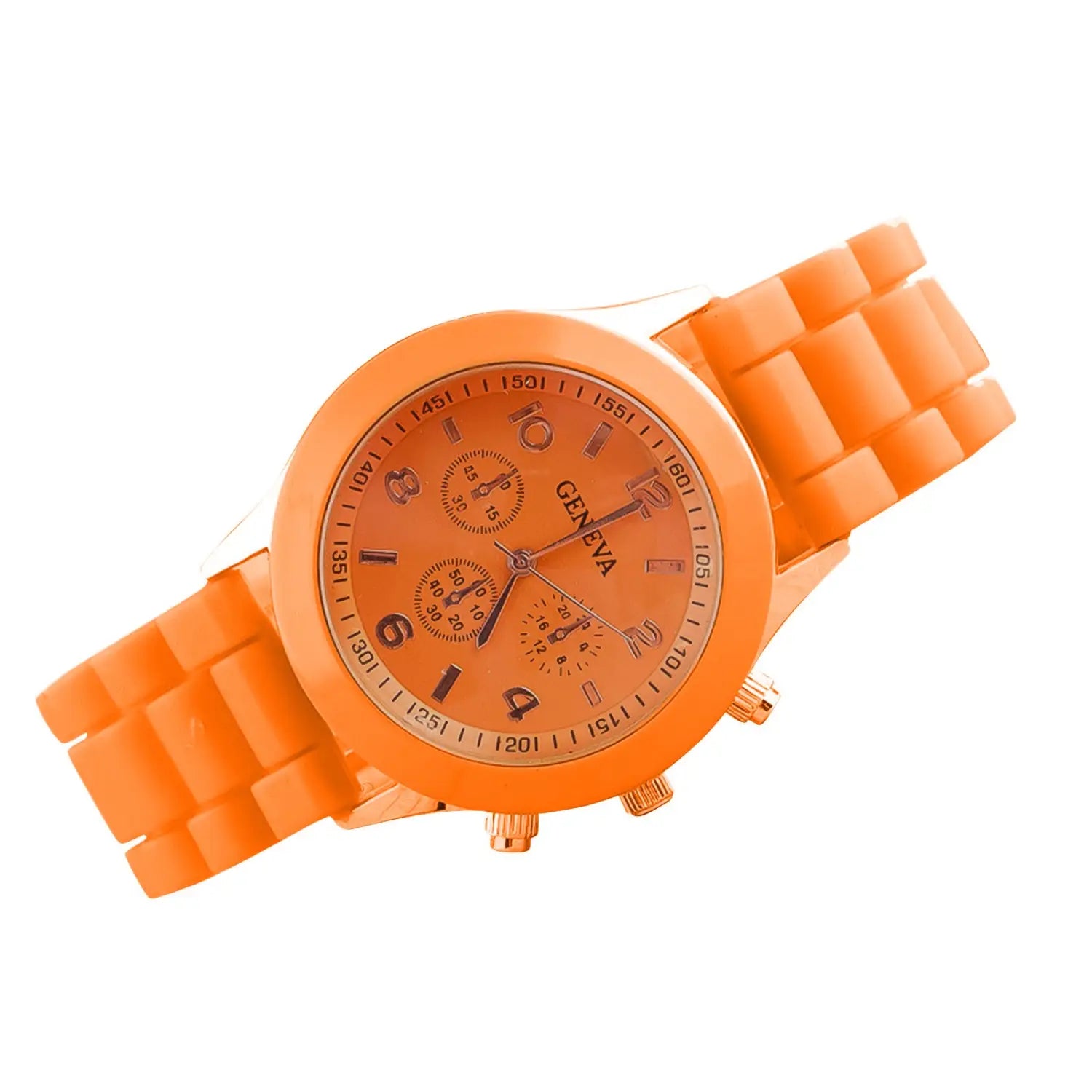 Vibrant orange genova chronograph women silicone quartz watch with a matching silicone strap and rose gold-tone accents.