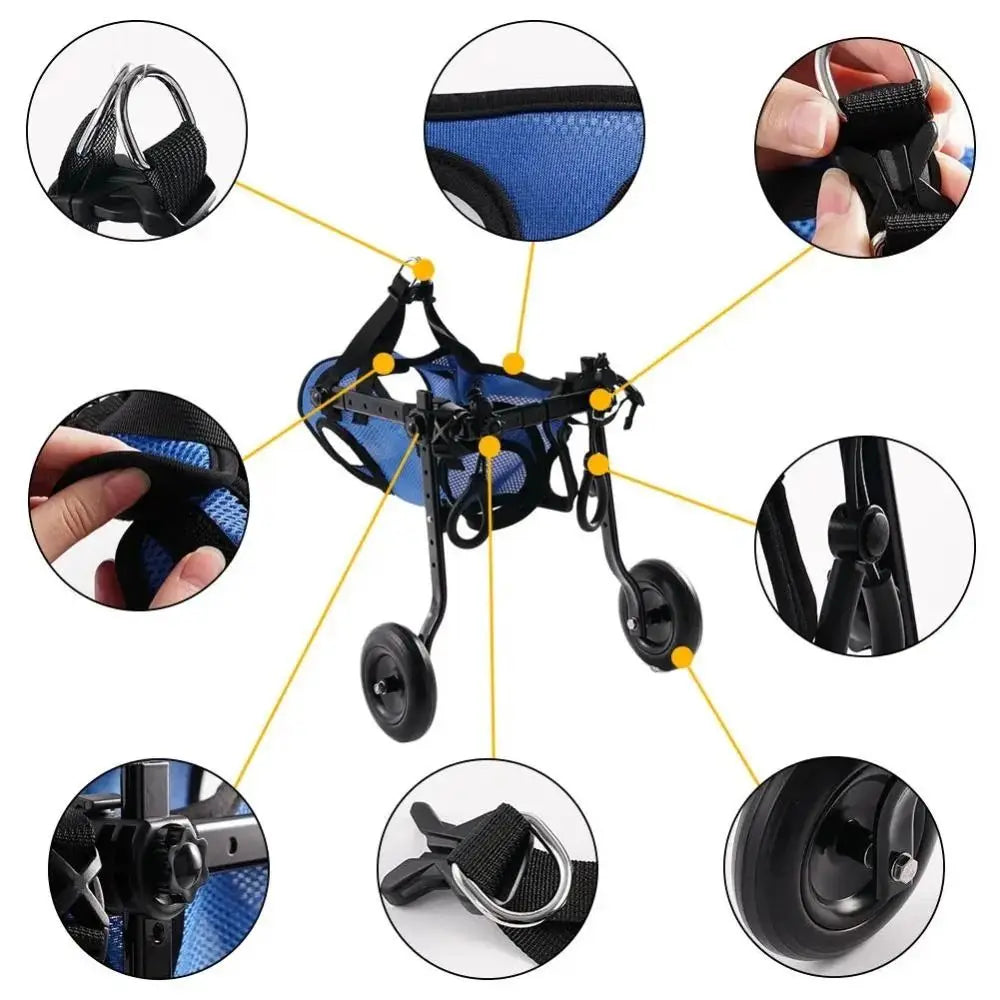 Blauer Mesh-Pet-Walk-Booster mit schwarzem Metallrahmen und Rädern, ausgelegt als verstellbarer Hundestuhl-Rollstuhl zur verbesserten Mobilität des Haustiers.