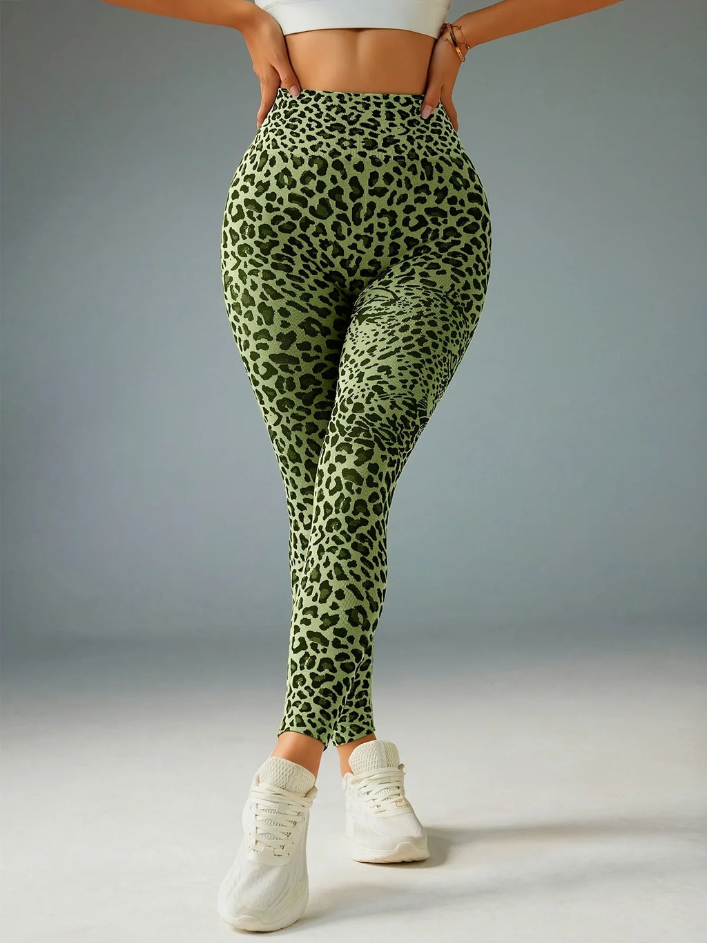 Women Green Leopard Print Fleece Lined Leggings Mid Waist Stretch Fitness Yoga Sports Pants