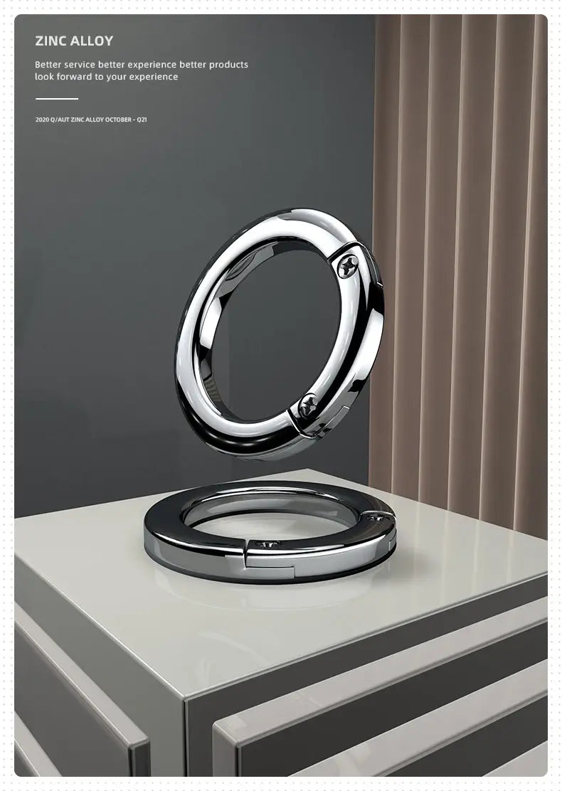 Metal car keychain detachable ring holder made of shiny chrome zinc alloy with a sleek modern design and two visible screws on its outer edge.