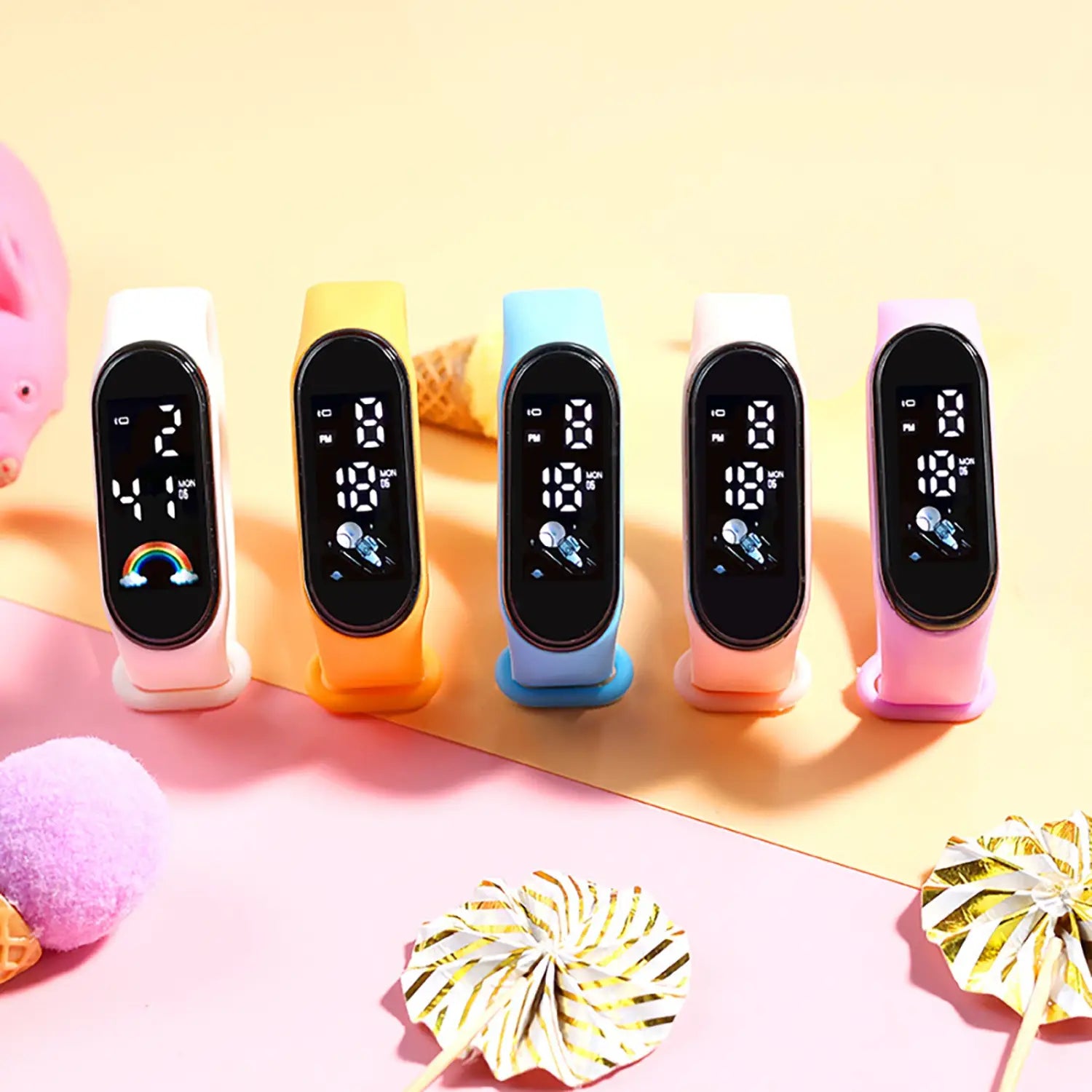 Five colorful kids led digital sports watches with waterproof silicone bands in white yellow blue peach and pink for fitness tracking.