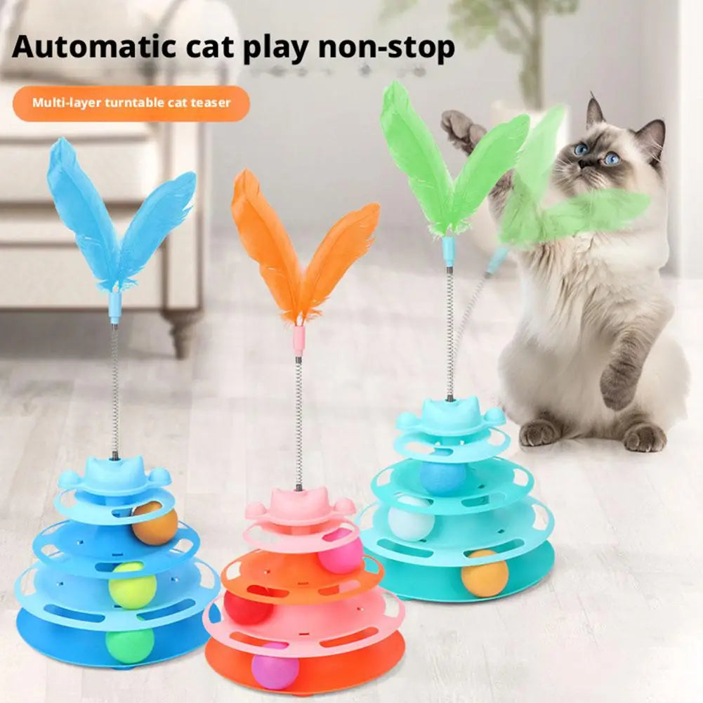 Colorful plastic 4-level interactive cat toy tower featuring multi-layer turntable with roller balls and feather-tipped tops for feline entertainment.