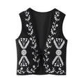 Ethnic V Neck Totem Flower Embroidery Waistcoat Women Front Tie Bow BOHO Sleeveless Quilted Vest Jacket Vacation Loose Tops