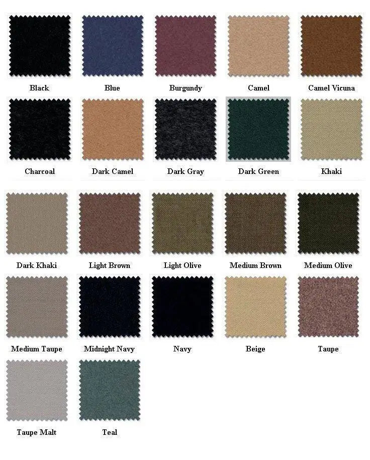 a collection of fabric swatches in black blue burgundy camel and teal for a slim fit men 3-piece tuxedo suit with a premium closure type ideal for business and wedding occasions happy shopping