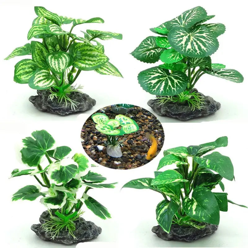 Set of four artificial water plants with green and white variegated leaves mounted on dark gray rock bases for fish tank landscape decoration.