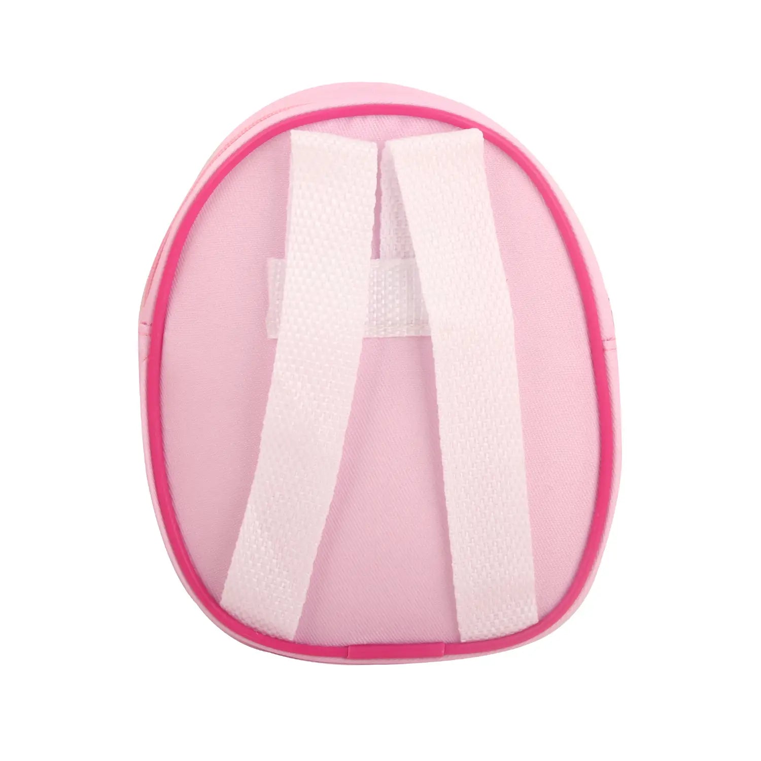 Rosa Mesh-Puppenrucksack mit weißen Trägern und passendem rosafarbenem Besatz, entworfen als niedliches Mini-Cartoon-Reiseetui-Accessoire.