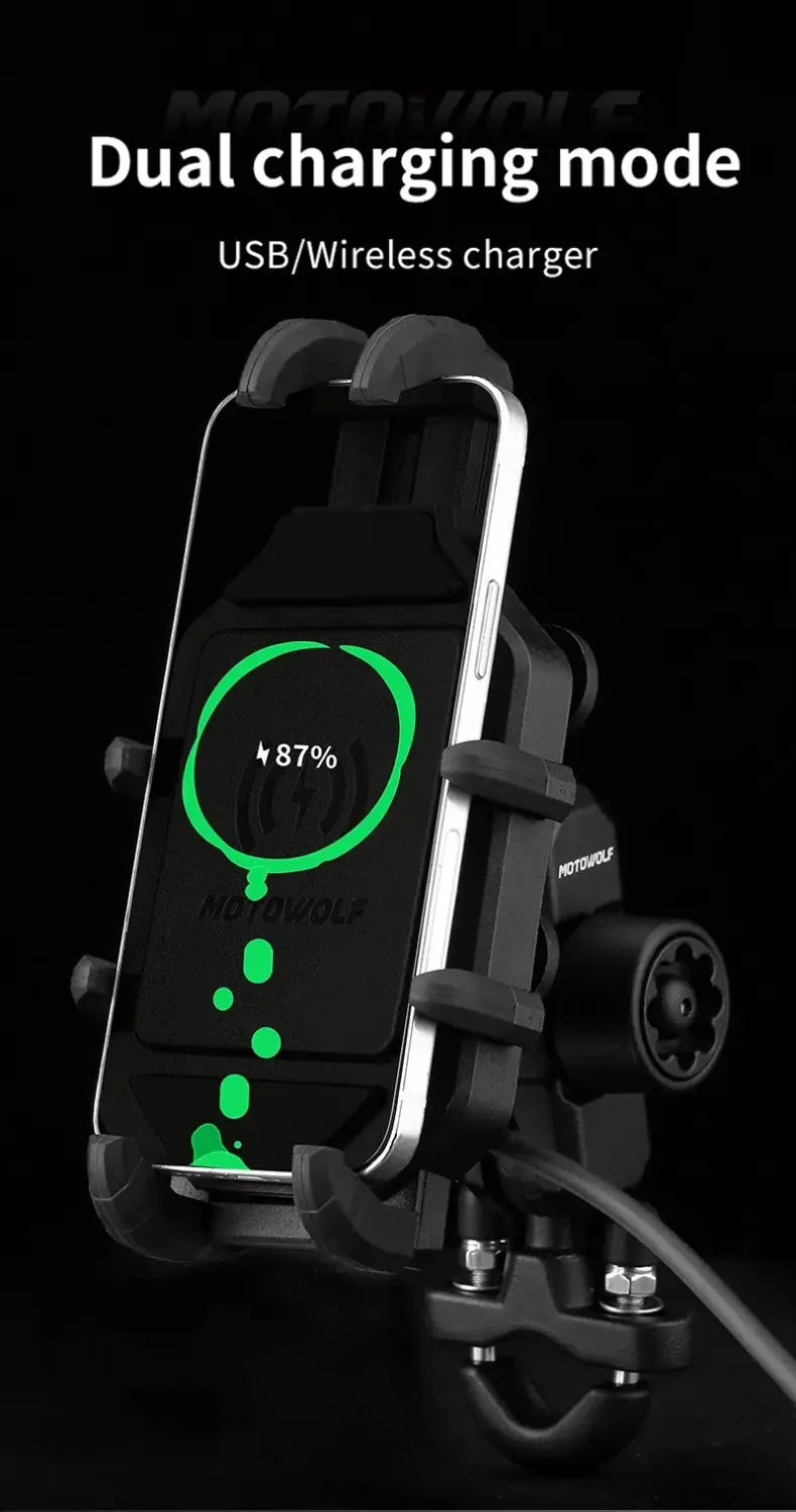 Black Motorola motorcycle phone mount with dual charging mode for USB and wireless charging designed for secure motorcycle use.